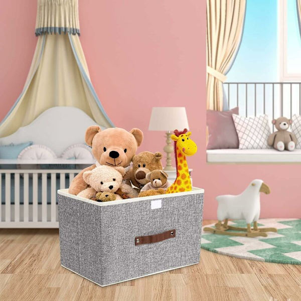 3-pack förvaringslådor med lock hopfällbara linnetyg förvaringskorgar för handdukar, böcker, leksaker, kläder etc. (grå, 38x25x25cm)
