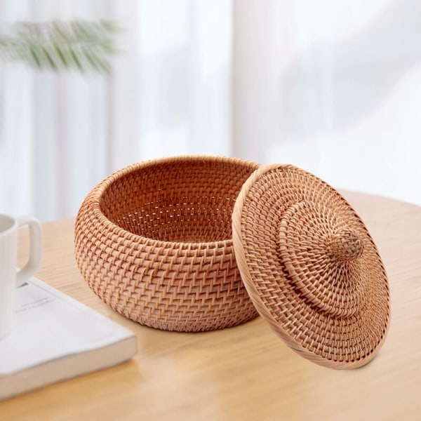 Rund Rattan Kurv, Flettet Frugtkurv med Låg Brødkurv Opbevaringskurv Pileflettet Kurv til Brød, Snack
