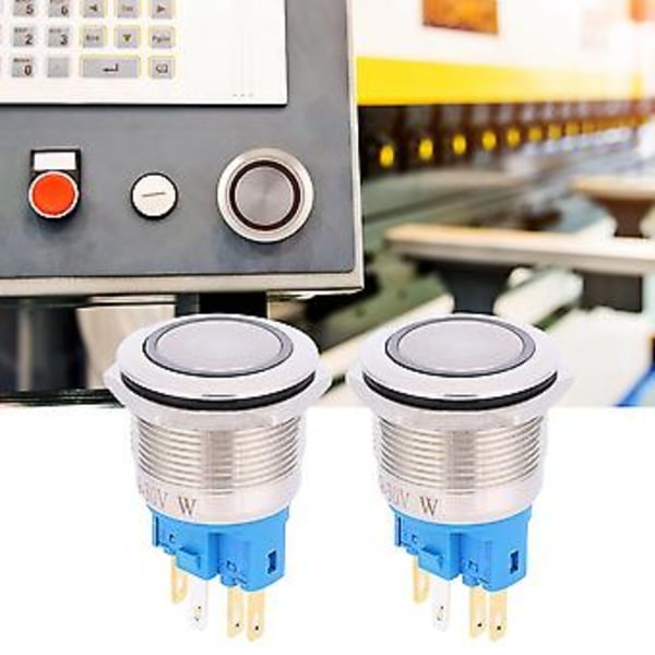 2st AC220V 22mm Ring Självlåsande 6-Pin Tryckknapp Rostfritt Stål Knapp Vit