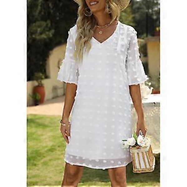 Elegant Vit Prickig Chiffongklänning - V-ringad Volangärm A-linje Sommar Mode, L