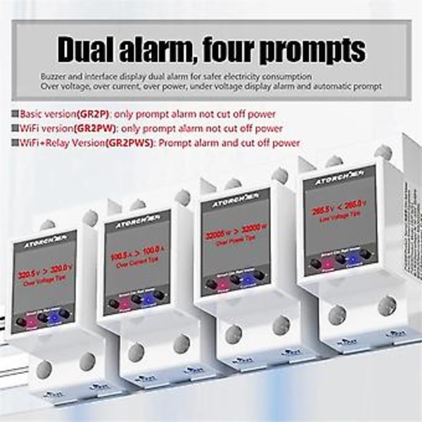 ATORCH GR2PWS Elektricitetsmåler Tuya WiFi Skinne Strøm Energimåler AC50-320V Digital Display Monitor Spændingskurve Amperemeter, A