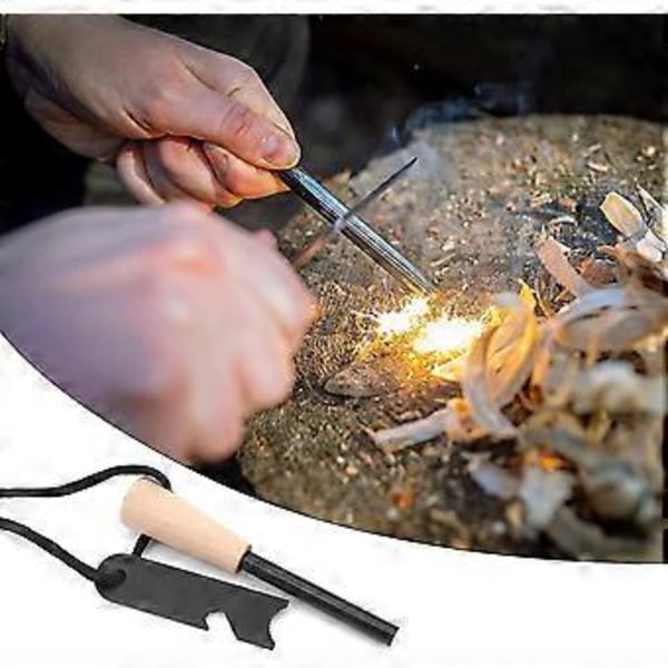 Flint og stål, flint striker overlevelsessæt til bushcraft, magnesium stick ildstarter kit med håndlavet træhåndtag 2 stk.-