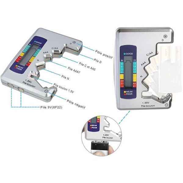 Universal digital batteritester for AA AAA C D N 9V 1,5V knappcellebatterier minibatterier