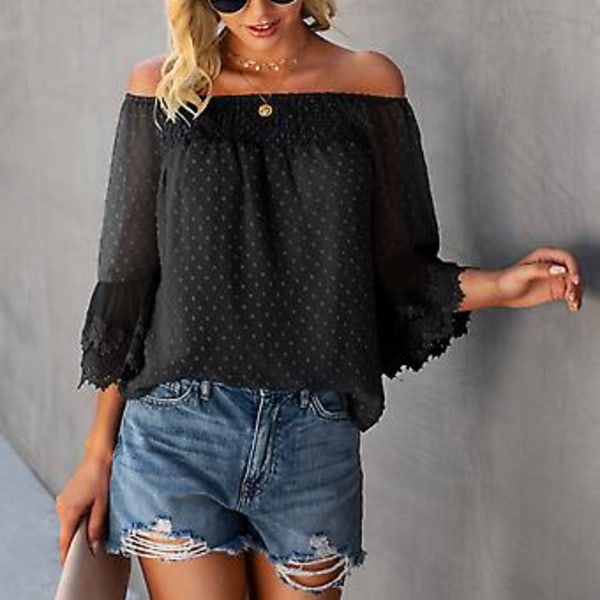 Dam Off Shoulder Topp 3/4 Bell Ärmar Lös Passform Elastisk Halsringning Foder Insida Sommar Blus Svart XL