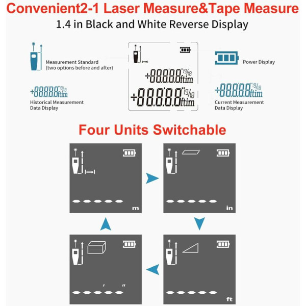 Digital laseravstandsmåler, digital lasermåler, laserbåndmål, avstand mellom lasermåler og båndmål med LCD-bakgrunnsbelysning