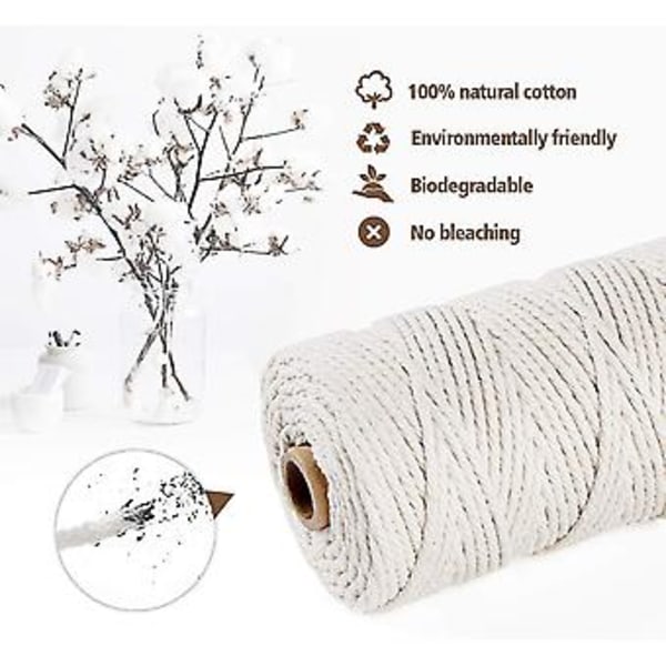 Makramérep Kit 3mm X 200m Beige Bomullsgarn, 100% Bomull Makramégarn Snöre, Naturlig Bomullssnöre För Stickning Hängande Växt DIY Dekoration Gåva