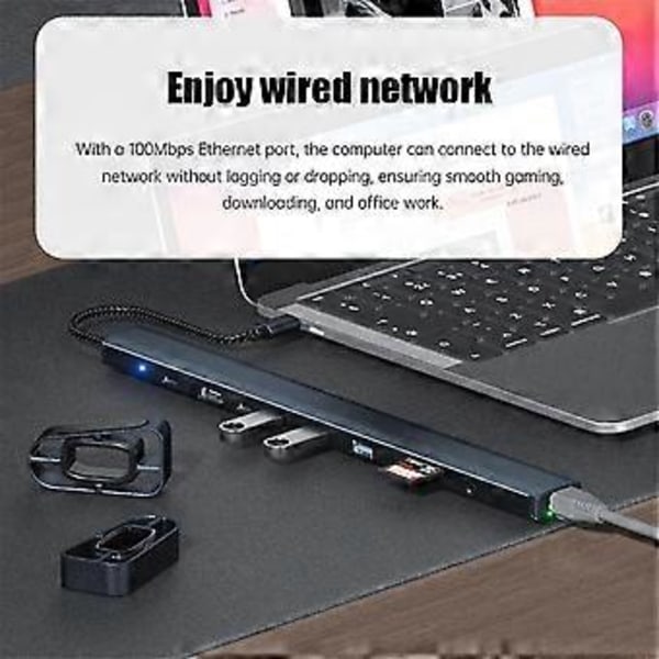 10 i 1 USB C Hub Multiport Adapter Bærbar Dongle 4K PD 100W USB 3.0 Gigabit Ethernet RJ45 Dokkingstasjon Laptopstativ