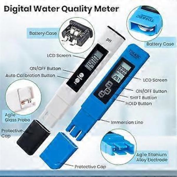 Digital PH og TDS Meter Combo, TDS EC Temperaturmåler, PPM Vandkvalitetstest Kit til Drikkevand, Swimmingpool