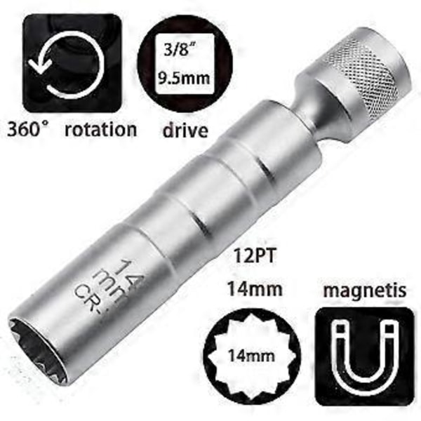 Magnetisk Universal Led Spark Plug Nøgle, Tyndvægget 12 Kant 3/8 Tommer Cr-v Drejelig Tændrørsfatning, Tændrørstrækker, Tændrørsfjernelsesværktøj (14