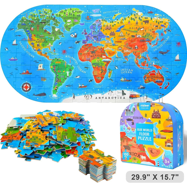 100 bitars världskarta pussel, pedagogisk leksak geografi golvpussel