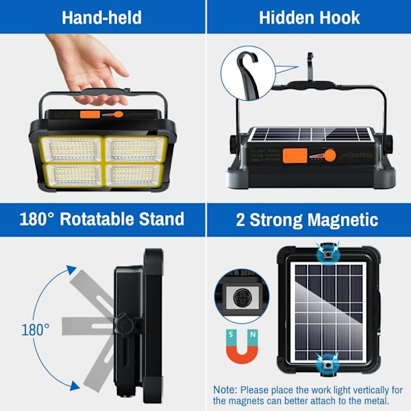 100W Uppladdningsbar LED-strålkastare, Uppladdningsbar Byggstrålkastare 336 LED/Solpanel/4 Belysningslägen/12000mAh Extern Batteri/Magnet A