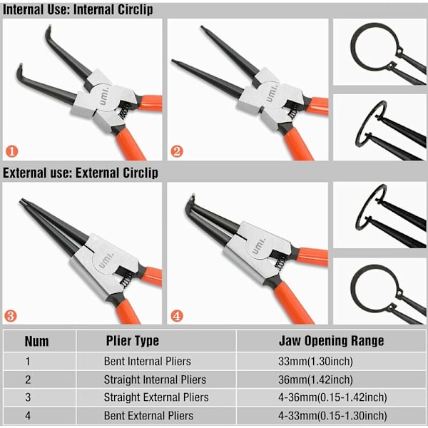 Amazon Brand - Circlip-tångset med 4 st, inre och yttre circlip-tänger med ficka, längd 180 mm, spetsstorlek 1,6 mm