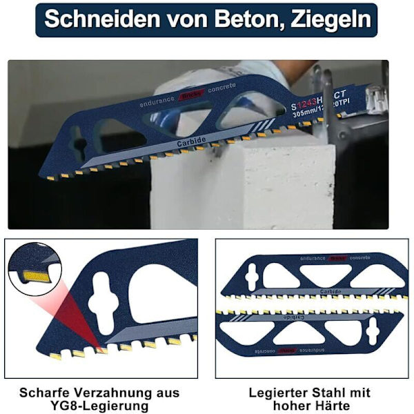 Tungstenkarbidstålblad för tigersåg för metall, trä, sten, tigersågstillbehör för luftbetong, tegel, betong, cementskiva, Le