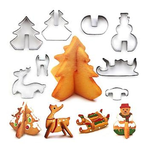 8 stk./sett 3D former i rustfritt stål med juletre, snømann, slede og elg, bakeform for julefest