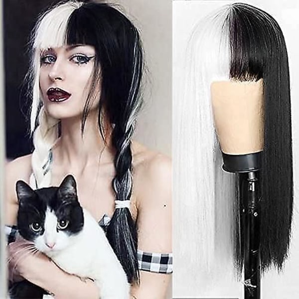 Halv svart halv vit peruk med lugg långt rakt cosplayhår peruk för kvinnor