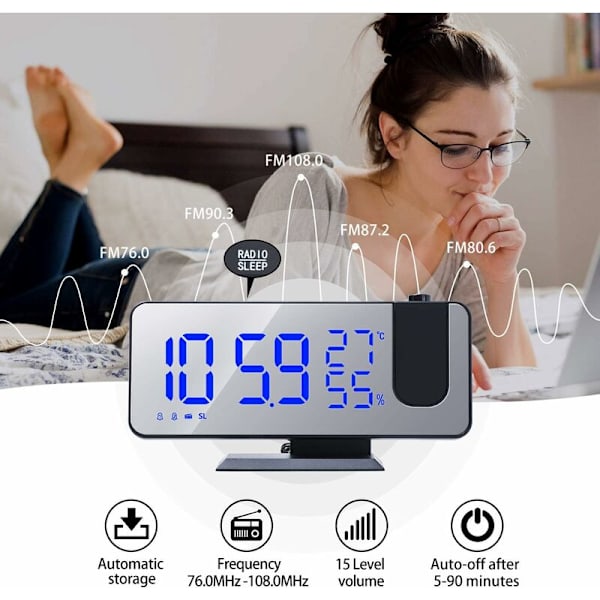 Takalarm med projektor, digital vekkerklokke med speilskjerm og projektor, dimmer, 15 volum, 2 ringetoner, FM-radio, blå