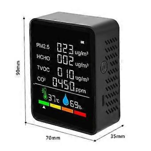 6 I 1 Co2 Mätare Luftkvalitetsdetektor Co2 Testare Koldioxid Pm2.5 Tvoc Hcho Värde Temperatur H