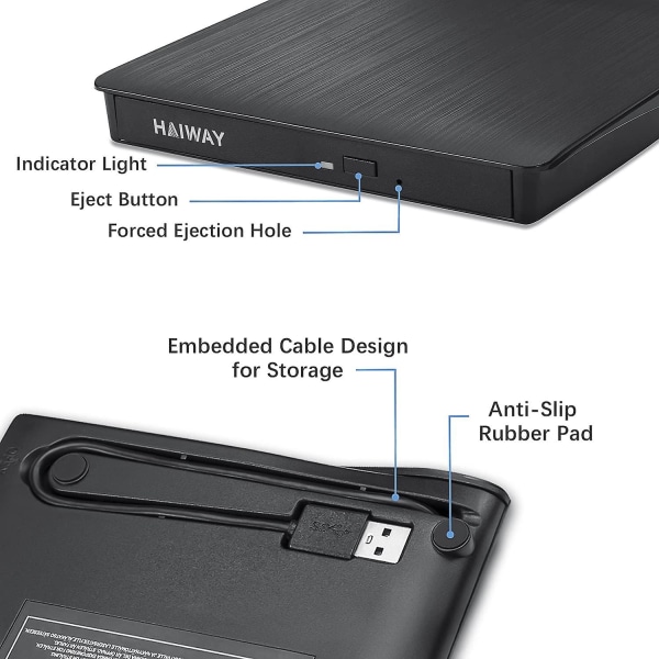 Extern cd-dvd-enhet, USB 3.0 bärbar cd-dvd +/-rw-enhet Ultratunn cd-dvd-rom-brännare cd-dvd-spelare