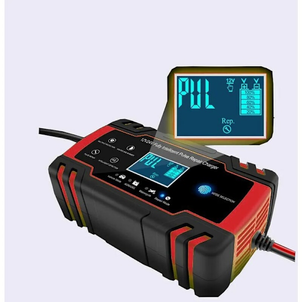 Kosketusnäytön pulssin korjaus 12V/24V 8A LCD-akkulaturi Punainen autoon moottoripyörän lyijyakulle märkägeeli Agm-akku - EU-pistoke