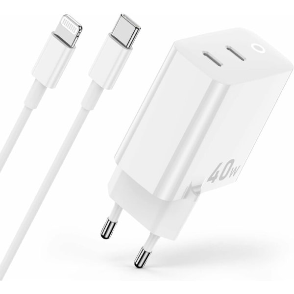 40W iPhone-laddare 14 13 12 11, Apple MFi-certifierad 2-portar 20W USB C- power Laddare Snabbkontakt med 2m iPhone Lightning-kabel för iPh