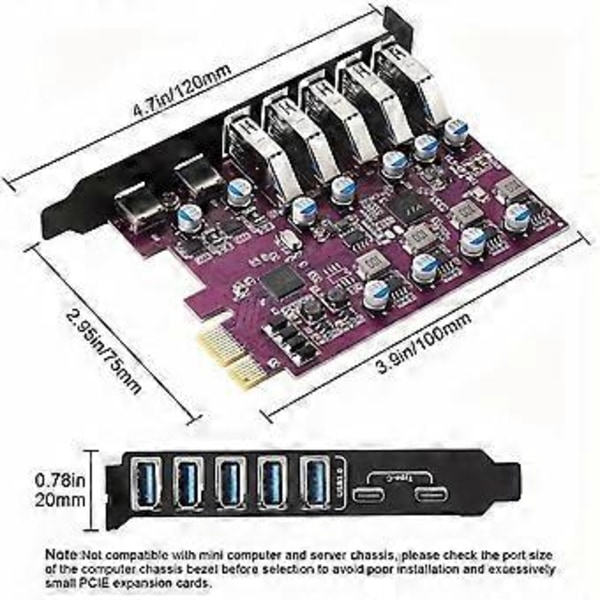 7 Portar USB 3.0 Expansionskort USB-A 5X USB-C 2X PCI Express USB Add in Card Hub Converter för Stationär PC Värdkort
