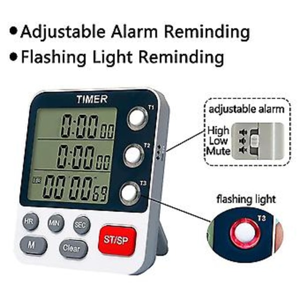 Digital Dubbel Kökstimer, 3 Kanaler Räkna Upp/Ner Timer, Matlagningstimer, Stor Display, Hög Volym A