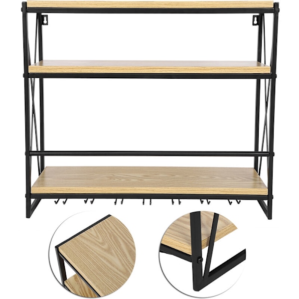 3-lags metallveggmontert vinstativ, metallhengende vinflaskeholder, glassholder
