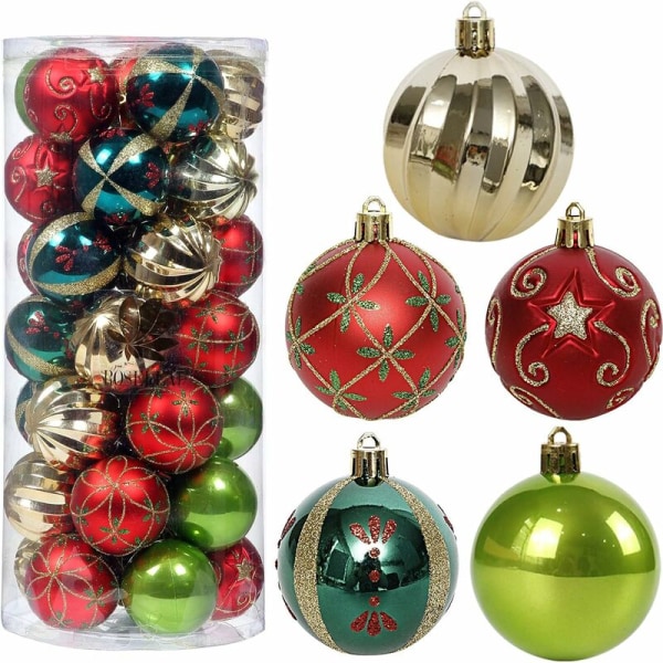 Juletræspynt, julekugle-dekorationsæt 30 stk. 2,36\" rød, grøn og guld julekugle, splintfri hængende juletræspynt-sæt