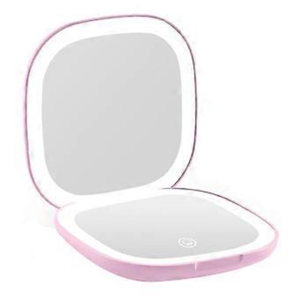 Ficksminkspegel med LED-ljus, 3,5 tum, 10x förstoring, dubbelsidig, uppladdningsbar, pekskärm, rosa