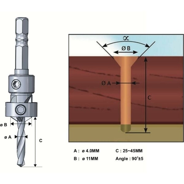 Forsenkerbor + justerbart stopp: Trebor med Ø 4mm kutter for Ø 5 mm skruer-