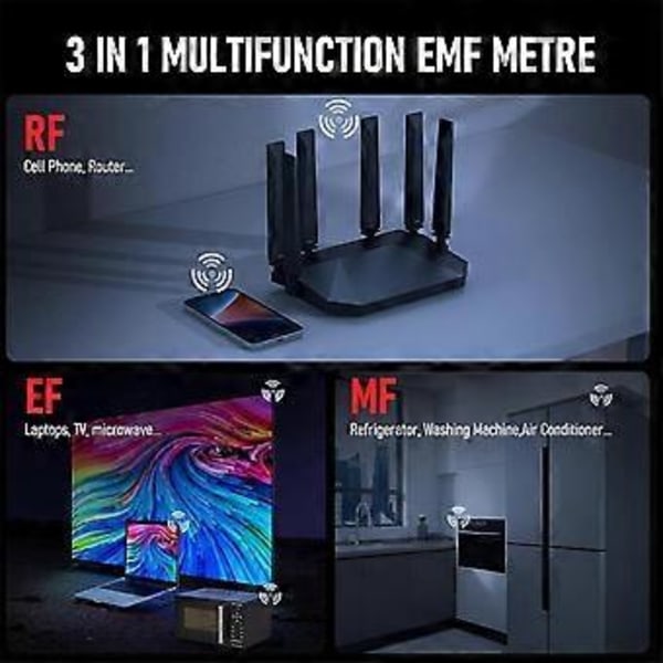 EMF-måler, 3 i 1 EMF-detektor Elektromagnetisk feltstrålingsdetektor for EF, MF, RF, WiFi-signal, EMF-leser for hjemmet