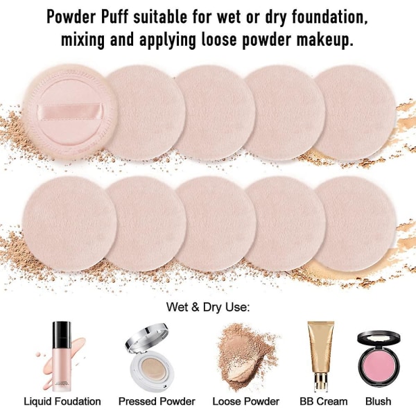 10 Pack Powder Puff Cotton Makeup Puffs With Ribbon, Soft Cosmetic Pads For Loose And Foundation Makeup