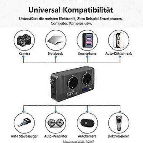 200 W auton invertteri, jännitemuunnin 12 V - 220 V älykkäällä LCD-näytöllä, 2 pistorasiaa ja 4 USB C -liitäntää