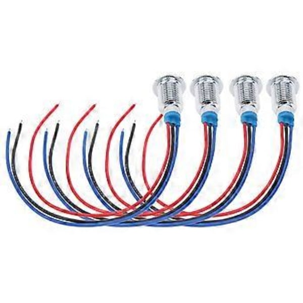 4 Sæt Præ-kablede Runde LED'er Vandtætte 2-farvede Indikatorlys Fælles Anode 10mm 12-24V (Rød og Blå)