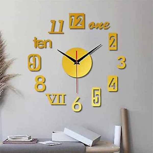 DIY Väggklocka - Modern 3D Spegel Väggklocka Dekor, Romerska Siffror Klocka - Väggdekal Klocka Hem R