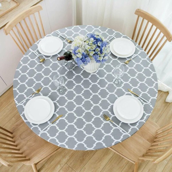 Round Tablecloth with Elastic Edge Waterproof and Wipe-Proof PVC Tablecloth Table Cover for Indoor and Outdoor Use