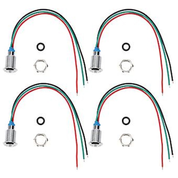 4 Set Förkopplade Runda Lysdioder Metall Vattentät 2-Färgsindikator Gemensam Katod 10mm 12-24V (Röd och Grön)