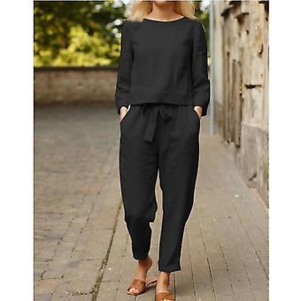 Dam 2-dels Outfits Enfärgad Rundhals Långärmad Dragsko i Midjan Vida Ben Byxdress för Vardagsbruk Svart L