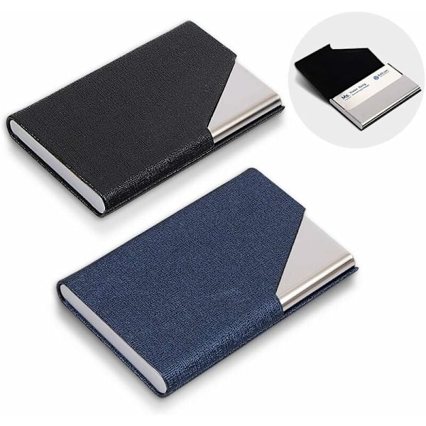 2 Pack Slim Professional Business Card Holder, Faux Leather + Stainless Steel, Travel Business Card Holder, Black and Blue