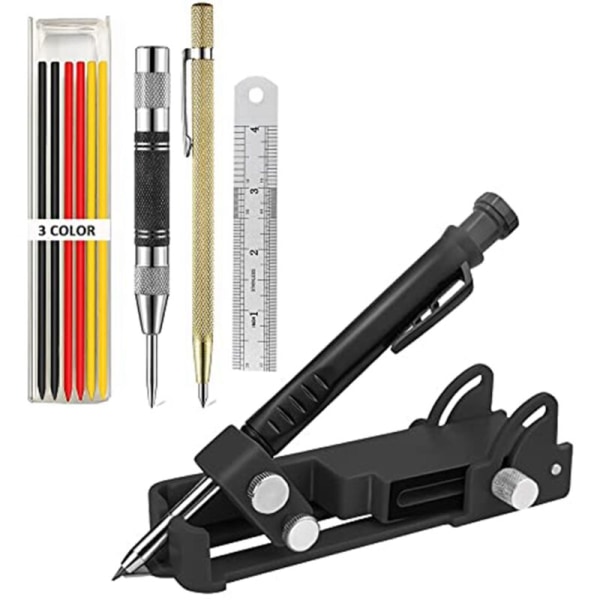 Multifunktionsskriveværktøj - Dybhulsblyant, Carpenter-blyantsæt med automatisk centerstanse, hårdmetalskriveværktøj