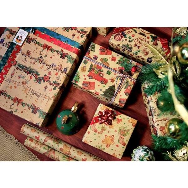 Julpapper för julklappar, 12 ark julpapper, kraftpapper för julklappar, återvunnet kraftpapper för julklappar 7