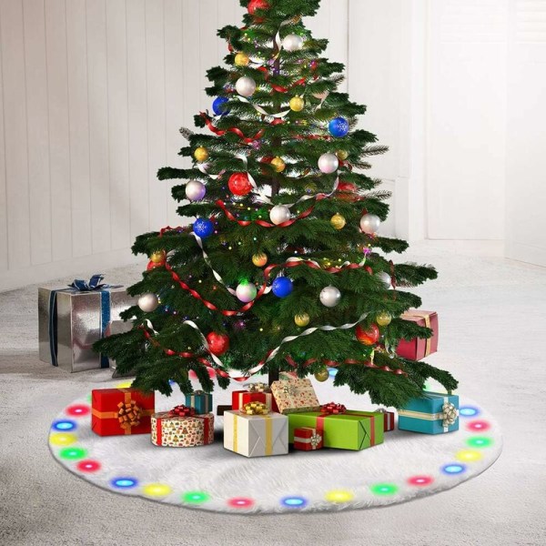 Christmas Tree Skirt 90CM White Plush Christmas Tree Skirt with LED Lights Christmas Tree Leg Cover Christmas Tree Skirt for Christmas Decor