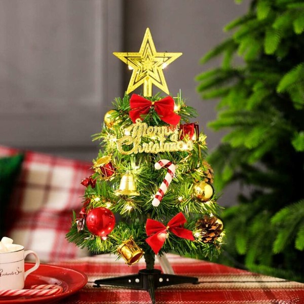 Artificiell julgran Mini julgran och 2M/2,18 Yard vajerlampor, miniatyr dekorationsbord inomhus mini gröna träd prydnad