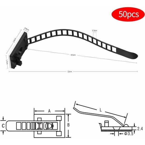 Förpackning med 50 st kabelhållare kabelguider flexibel kabelorganisatör självhäftande kabelhållare kabelklämmor justerbara nylonkabelband för De