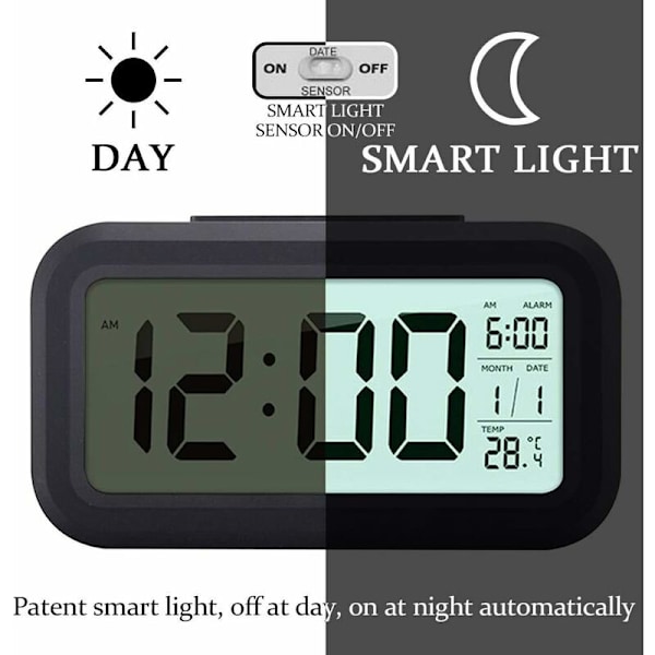 Sort digitalt trådløst batteridrevet vækkeur med dato, temperatur, smart lyssensor, 12/24 timer, SChristmasze til soveværelser, kontorer