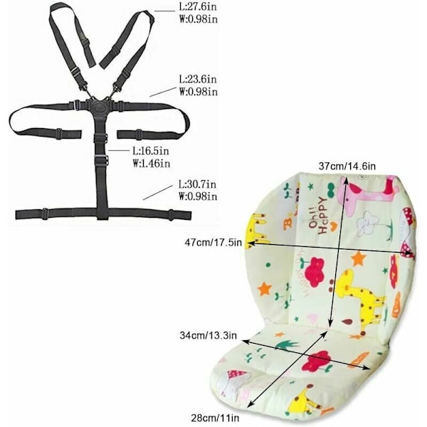 Høystolpute og stropper, Høystolpute, Quiltet babyhøystolpute og stropper med 5-punkts sele for høystol, 1 sett (Giraffe)-F