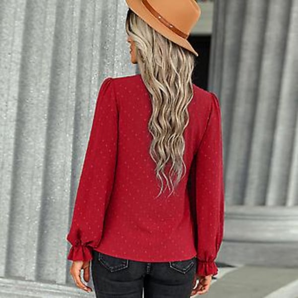 Blus Puff Lång Ärm Elastisk Manschett Rosett Enkelknäppt Eleganta Vardagstoppar för Kvinnor Röd S