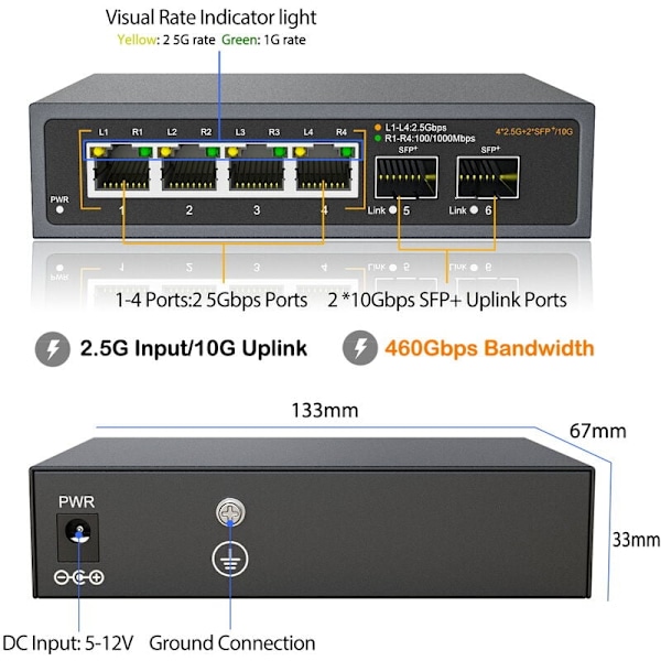 2.5G Ethernet-verkkokytkimen hallitsematon LAN-keskitin 4 x 2.5G + 2 x 10G SFP+ optiset portit langattomalle AP VDI NAS Wifi-reitittimelle