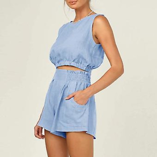 Dame Ensfarvet 2-delt Sæt Afslappet Rund Hals Tank Top Rynket Høj Talje Shorts Sæt til Dating Lyseblå XL