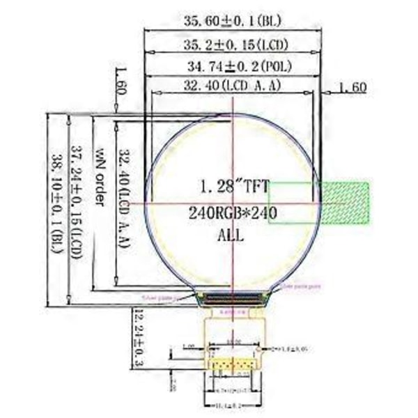 1,28 tuuman IPS LCD -näyttö, värikäs LCD-pyöreä 240x240-näyttö HD Ips LCD GC9A01 -ohjain